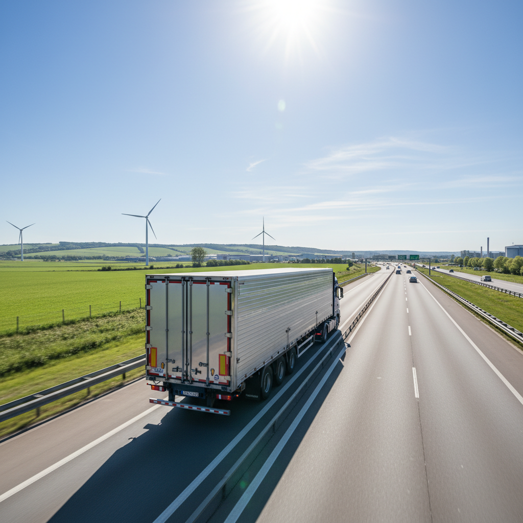 White freight truck driving on a highway through green countryside, clear blue sky