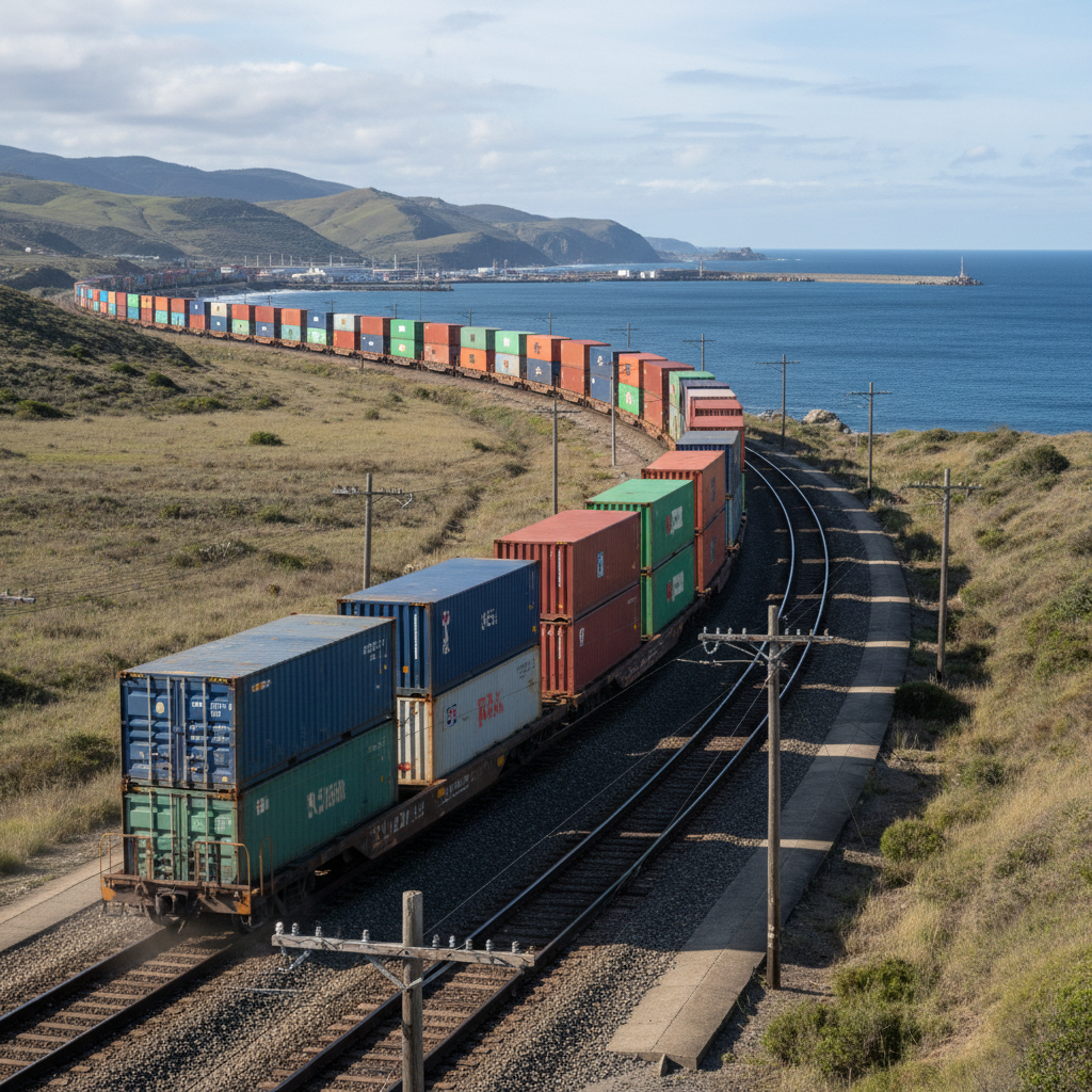 Freight train carrying containers from China to the Balkans