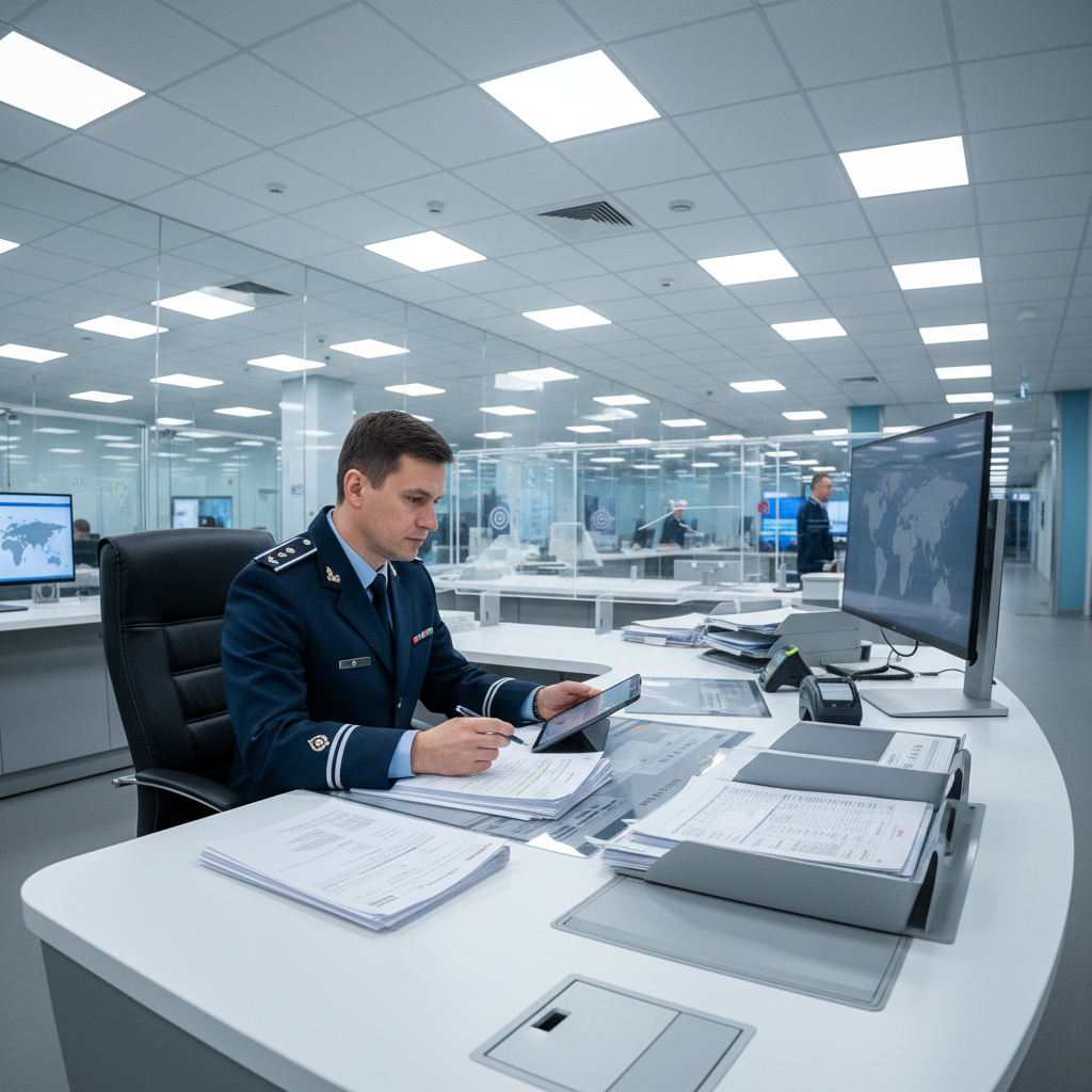 Customs officer reviewing shipping documents at border checkpoint, professional office setting