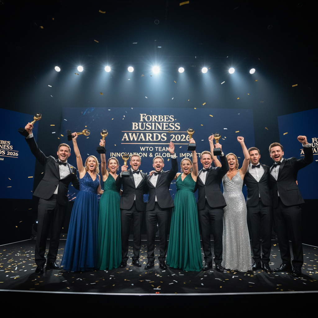 WTO team members at Forbes Business Awards 2026 ceremony, formal event setting, stage with award trophies, bright spotlights against dark background